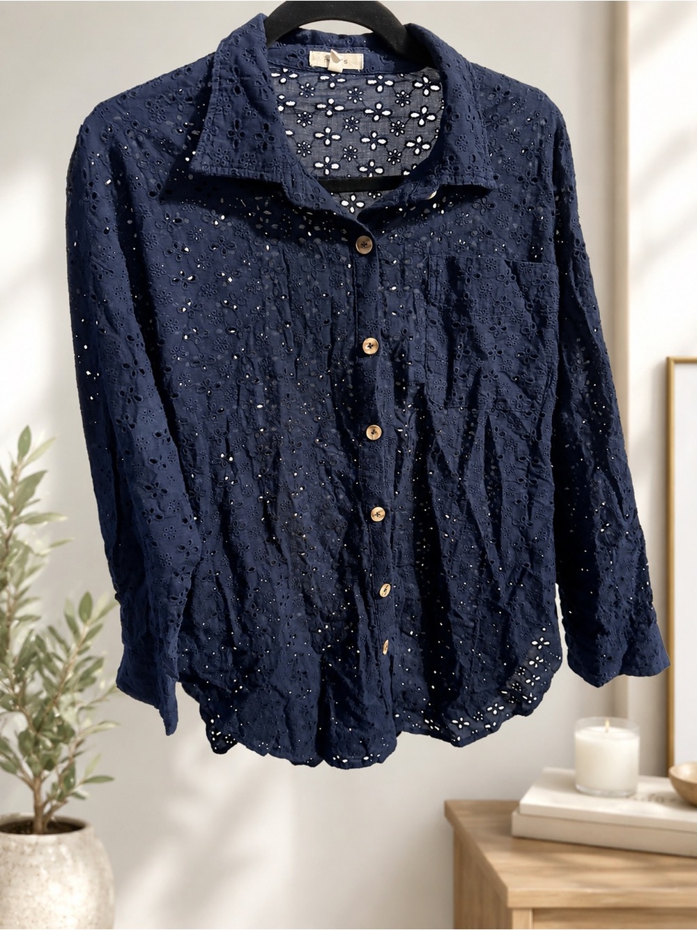 Navy Eyelet Button-Down Shirt Size Medium